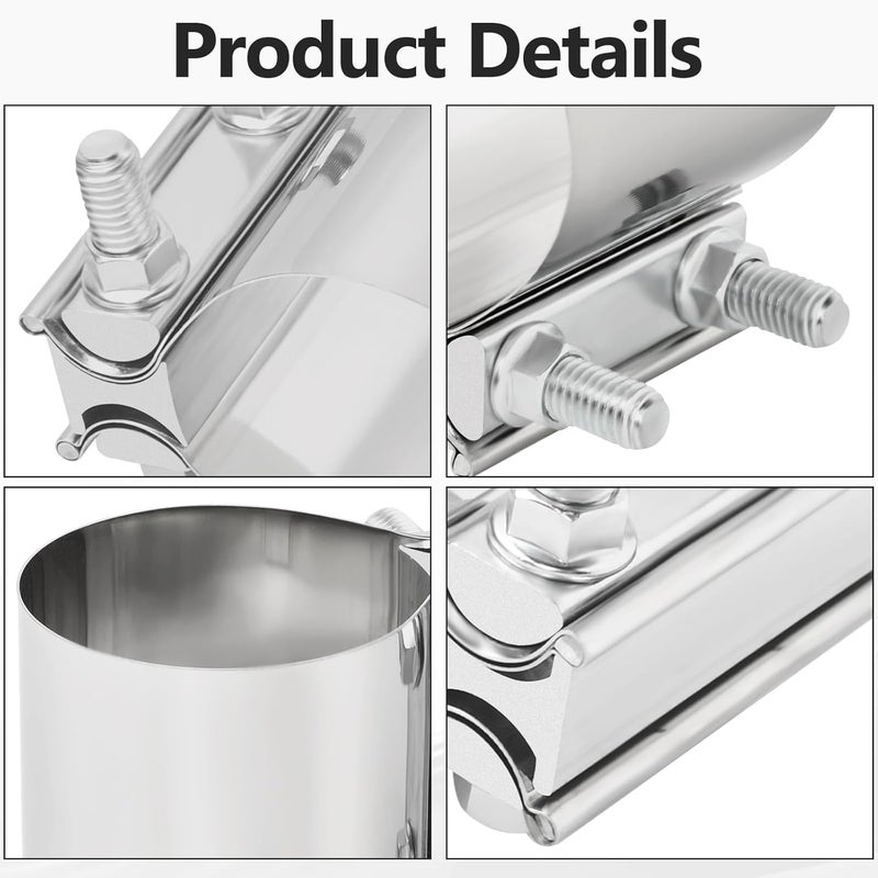 BIGREAT 3'' Inch Exhaust Clamp,3 Inch Butt Joint Exhaust Seal Band Clamp Sleeve Coupler Universal For Exhaust System 2PCS Polished T304 Stainless Steel - Image 3